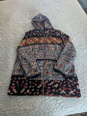 Floral Navy Blue Hooded Jacket with Brown Fleece Lining